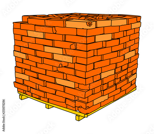 A stack of red clay bricks vector on wooden pallet isolated on a white background.Pile of bricks illustration, red construction bricks.