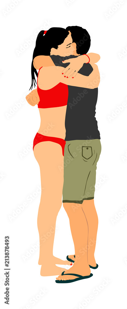 Summer love concept. Boy and girl hugging vector. Togetherness between  friends. Teenagers tenderness and closeness on beach. Young shy couple in  hug. Romance in puberty. Girlfriend and boyfriend Stock Vector | Adobe