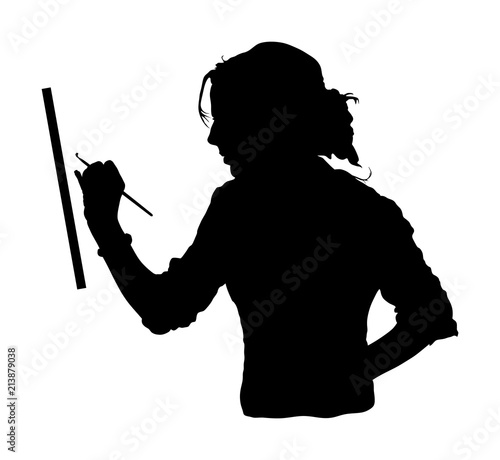 Creative pensive painter paints a  picture, vector silhouette illustration. Painting process in art workshop Creative positive woman painter paints in her studio abstract picture. Passionate artist.