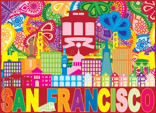 San Francisco Skyline Trolley Paisley Pattern Color vector Illustration