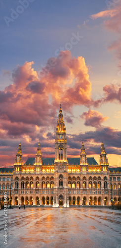 Vienna's Town Hall (Rathaus) in the evening after the rain