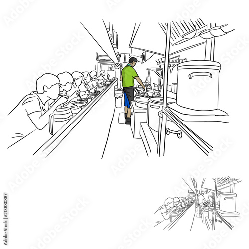 chef and customers in ramen shop vector illustration sketch doodle hand drawn with black lines isolated on white background