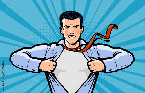 Businessman or superhero. Vector illustration in style comic pop art