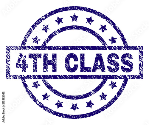 4TH CLASS stamp seal watermark with grunge texture. Designed with rectangle, circles and stars. Blue vector rubber print of 4TH CLASS text with retro texture.