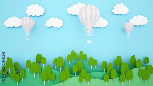 Illustration of hot air balloons on mountain and sky background. Artwork for balloon international festival. paper cut or craft style.3D illustration. photo