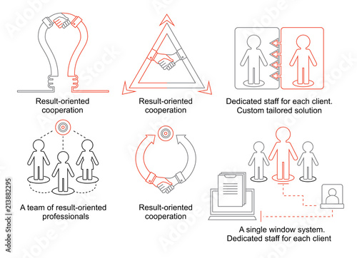 Logistics thin line icons. Business concept with lamp and handhsake. A team of result-oriented professionals. Dedicated staff for each client. Custom tailored solution. Result-oriented cooperation