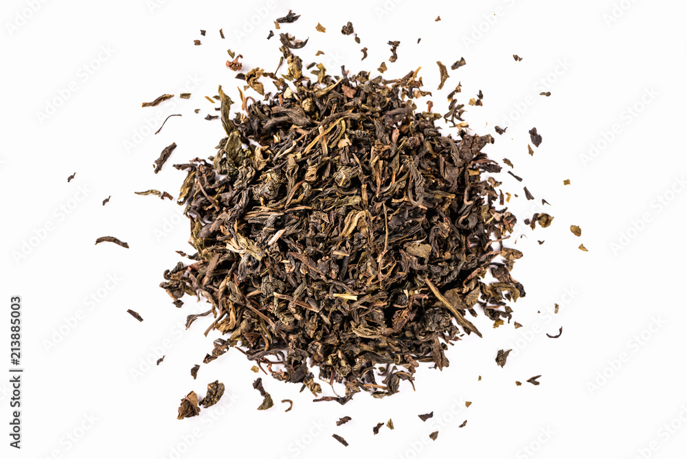 Dry tea leaves isolated on white background. top view Dry tea leaves isolated on white background. top view