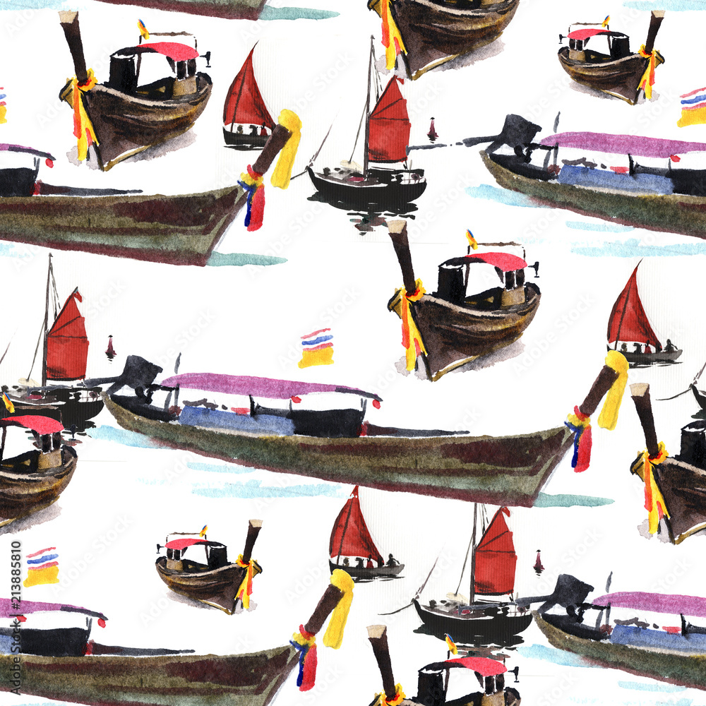Obraz premium Watercolor boat, tropics, beach, sea. The drawing is made with watercolor, seamless background or wallpaper.