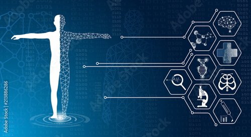 abstract background technology concept in blue light,brain and human body heal ,technology modern medical science in future and global international medical with tests analysis clone DNA human