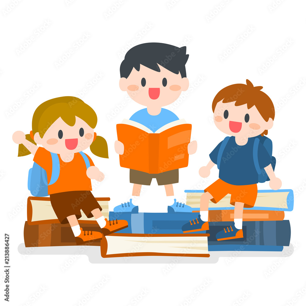 Children, Boy and Girl Studying with books, back to school illustration
