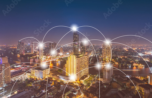 Aerial view of digital technology over cityscape, Can use for connection network concept background.