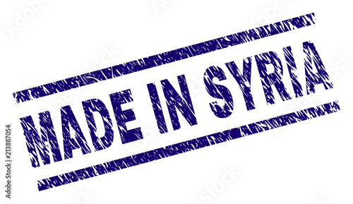 MADE IN SYRIA stamp seal watermark with distress style. Blue vector rubber print of MADE IN SYRIA tag with retro texture. Text tag is placed between parallel lines.