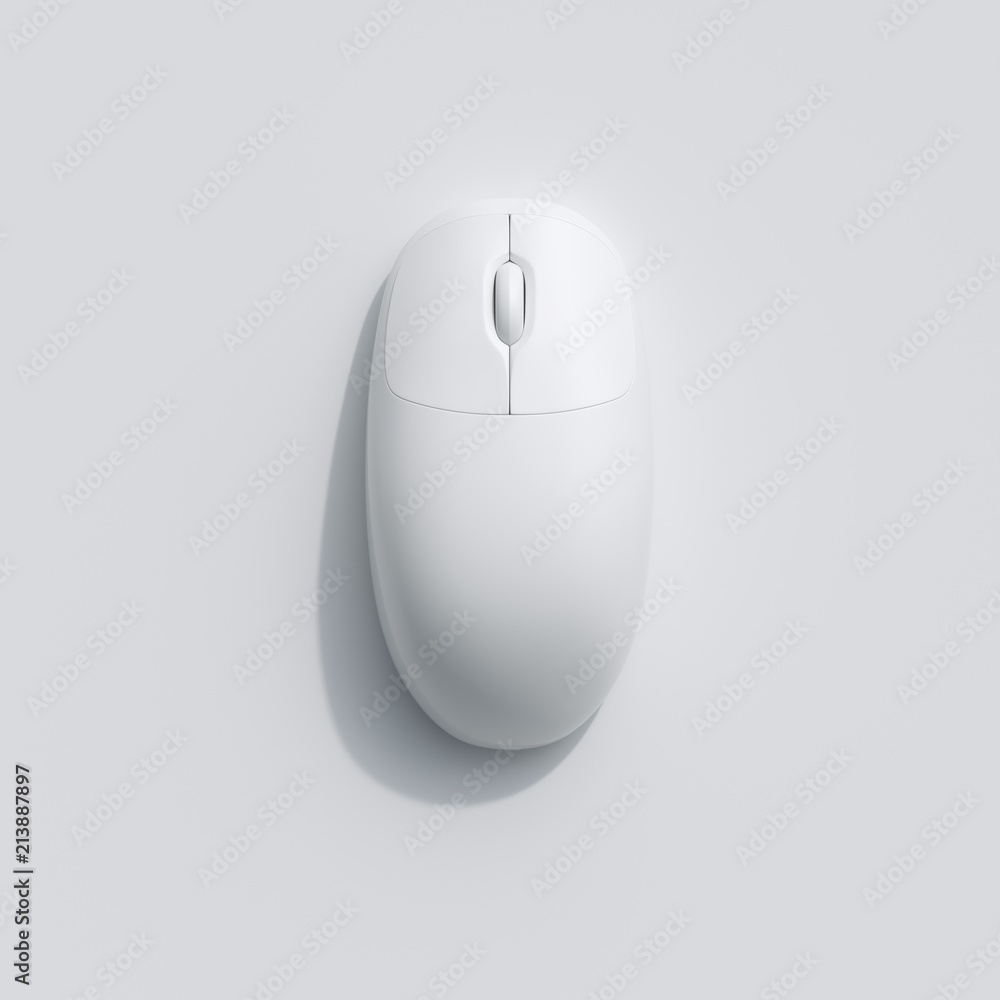 A White computer mouse on white background. top view, flat lay concept. Stock | Adobe Stock