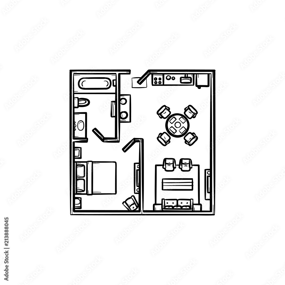 Square floor plan with furniture hand drawn outline doodle icon. Architecture, layout, interior concept. Vector sketch illustration for print, web, mobile and infographics on white background.