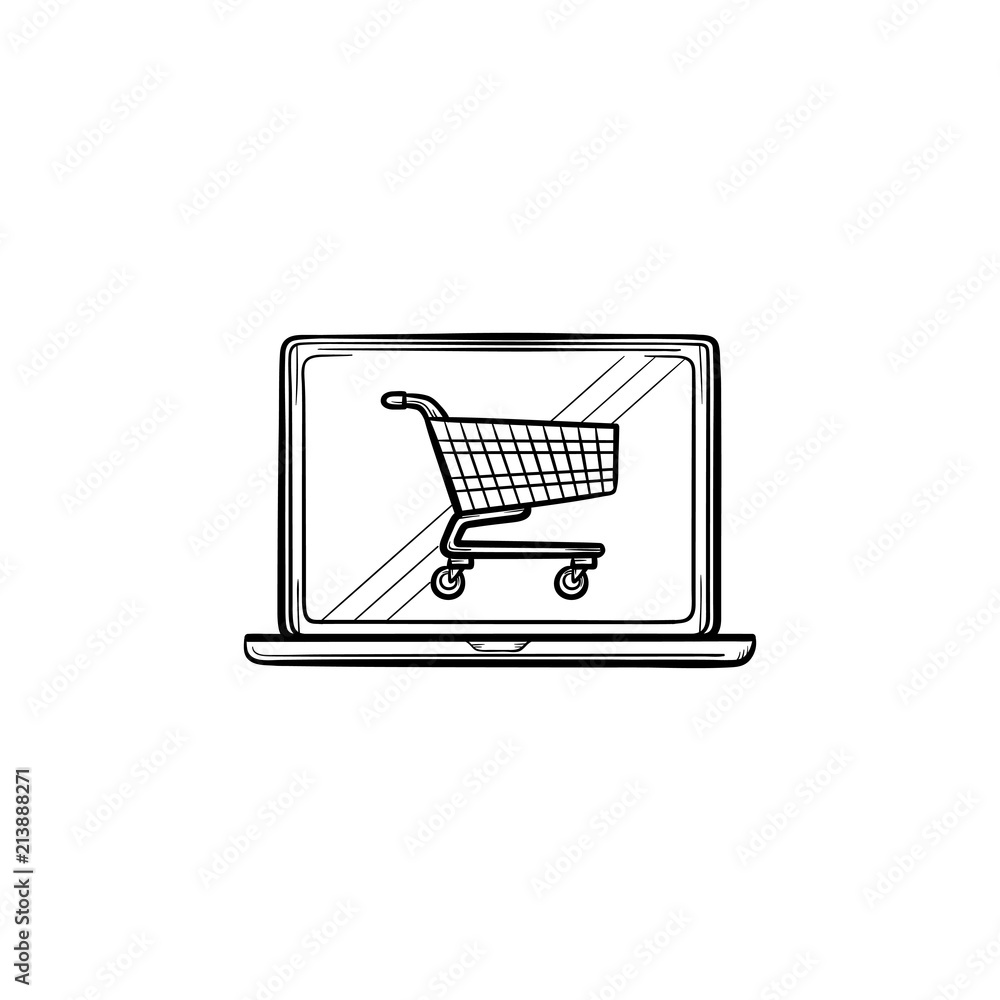 Laptop with shopping cart on screen hand drawn outline doodle icon. E-commerce, online shopping, buying concept. Vector sketch illustration for print, web, mobile and infographics on white background. Laptop with shopping cart on screen hand drawn outline doodle icon. E-commerce, online shopping, buying concept. Vector sketch illustration for print, web, mobile and infographics on white background.