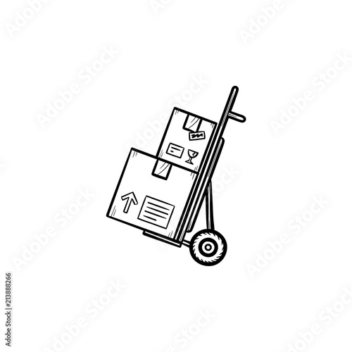 Handcart with cardboard boxes hand drawn outline doodle icon. Shopping, package delivery, shipment concept. Vector sketch illustration for print, web, mobile and infographics on white background.
