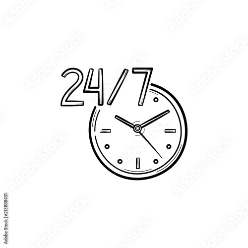 Round the clock 24-7 service hand drawn outline doodle icon. Customer service, assistance, available concept. Vector sketch illustration for print, web, mobile and infographics on white background.