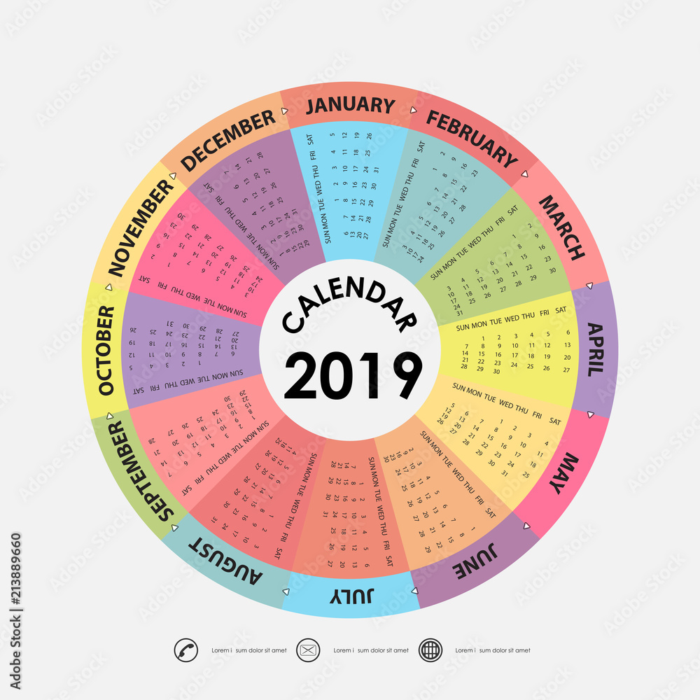 2019 Calendar Template.Circle calendar template.Calendar 2019 Set of 12 Months.Starts from Sunday.Yearly calendar vector design stationery template.Vector illustration. 2019 Calendar Template.Circle calendar template.Calendar 2019 Set of 12 Months.Starts from Sunday.Yearly calendar vector design stationery template.Vector illustration.