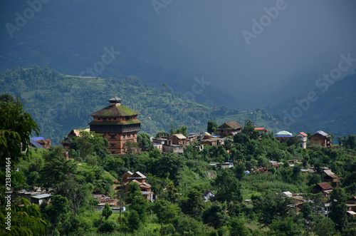 Nuwakot ancient castle tower appears in the morning haze from a hilltop near Nuwakot village, Nepal.