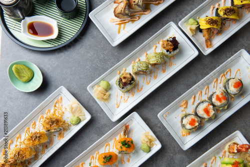 various sushi roll flat lay shot