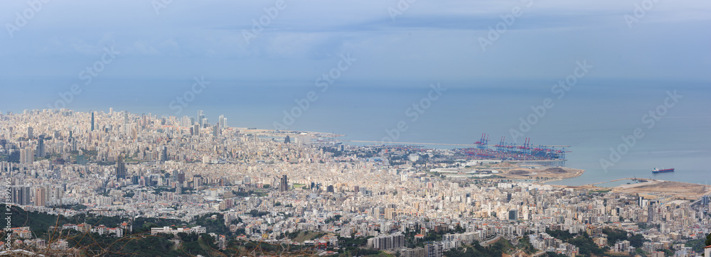 Beirut, Lebanon - 26 Feb 2018: Panorama of capital city Beirut, from Beit Mery viewpoint, with the city centre and port along the Mediterranean sea coastline in Beit Mery, Lebanon.