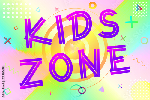 kids zone text, colorful lettering in modern gradient on bright geometric pattern background, stock vector illustration