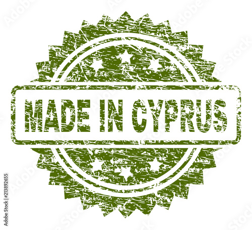 MADE IN CYPRUS stamp seal watermark with corroded style. Green vector rubber print of MADE IN CYPRUS tag with corroded texture.