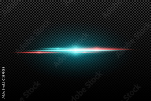 Light effect on a transparent background. Horizontal red an blue flash. Multicolored flares. Blue rays. Vector illustration