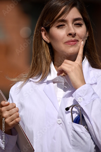 Colombian Female Doctor Thinking Wearing Lab Coat With Clipboard