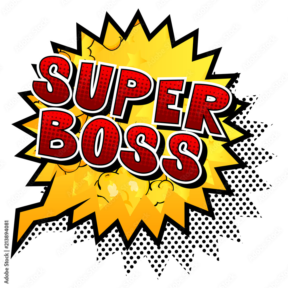 Plakat Super Boss - komiksu stylu słowo na abstrakcjonistycznym tle.