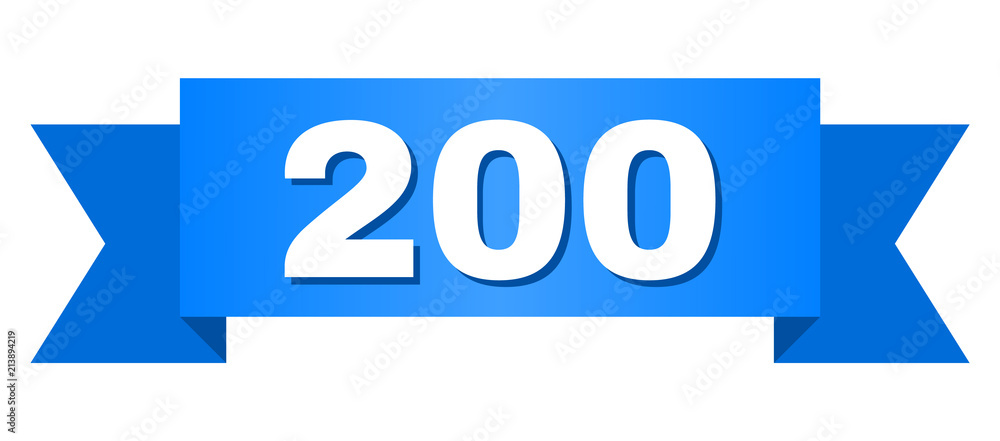 200 text on a ribbon. Designed with white caption and blue stripe. Vector banner with 200 tag. 200 text on a ribbon. Designed with white caption and blue stripe. Vector banner with 200 tag.