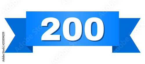 200 text on a ribbon. Designed with white caption and blue stripe. Vector banner with 200 tag.