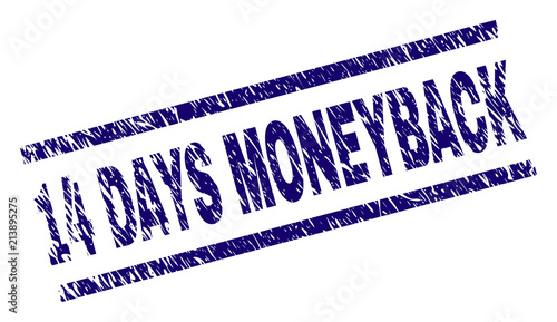 14 DAYS MONEYBACK stamp seal watermark with distress style. Blue vector rubber print of 14 DAYS MONEYBACK text with unclean texture. Text label is placed between parallel lines.