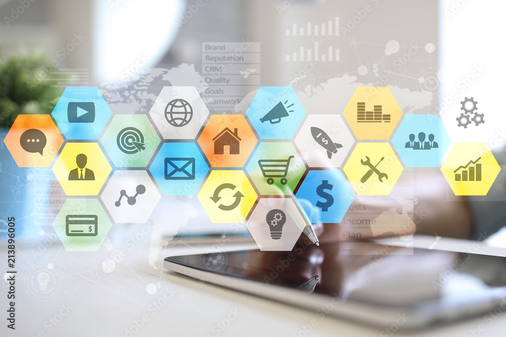 Colored applications icons and graphs on virtual screen. Business, internet and technology concept.