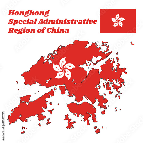 Map outline and flag of Hongkong, a stylised, white, five-petal Bauhinia blakeana flower in the centre of a red field. with name text Hong Kong Special Administrative Region of China.