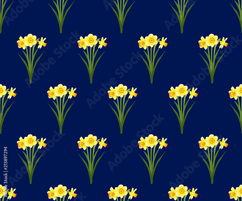 Yellow Daffodil - Narcissus Seamless on Navy Blue Background © asamask92
