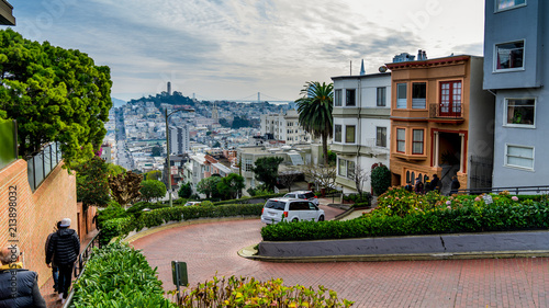 Lombrad street, San Francisco, California, USA. Cars and pedestrians going down on the street.