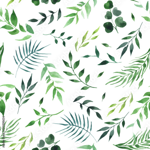 green leaves watercolor seamless pattern vector