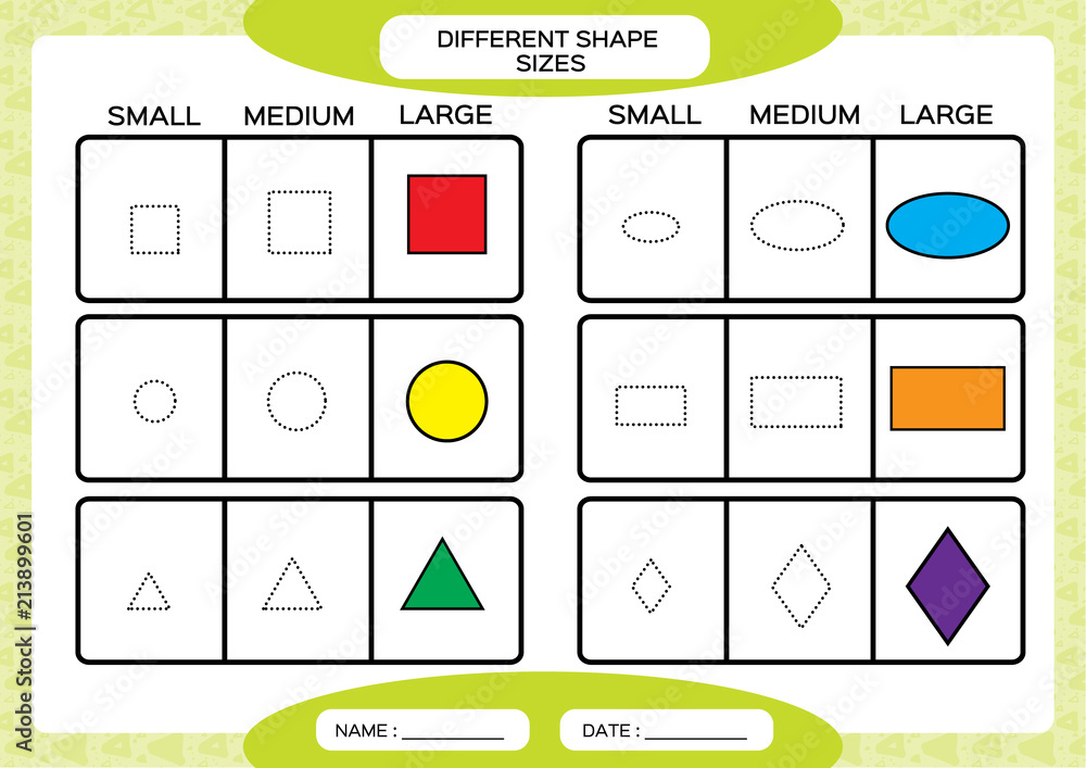 different shape sizes small medium large learning basic shapes color trace and draw worksheet for preschool kids practicing motor skills square circle oval triangle green stock vector adobe stock