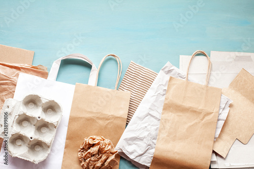 Flat lay of paper wastes ready for recycling photo