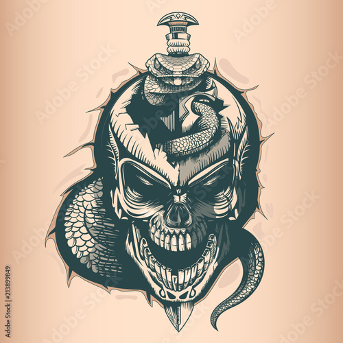 Vintage skull with sword and snake, monochrome hand drawn tatoo style