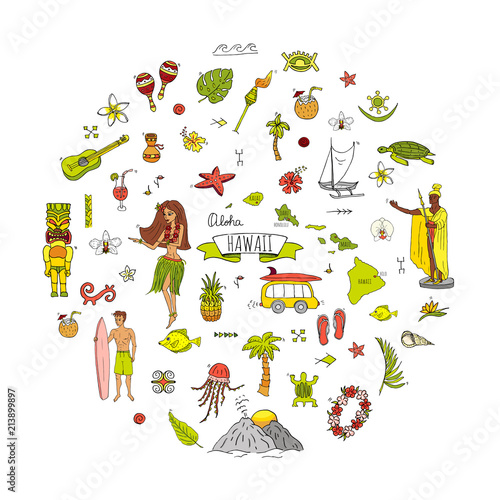 Hand drawn doodle Hawaii icons set Vector illustration isolated symbols collection of hawaiian symbols Cartoon elements: USA state map Honolulu State Hula girl Surfing guy Volcano Guitar Paradise Art