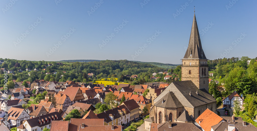 Panorama of the historic Pfarrkirche church in Warburg, Germany