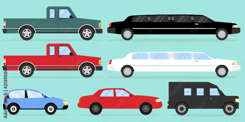 Cars. A large set of cars on a light green background with a shadow.
