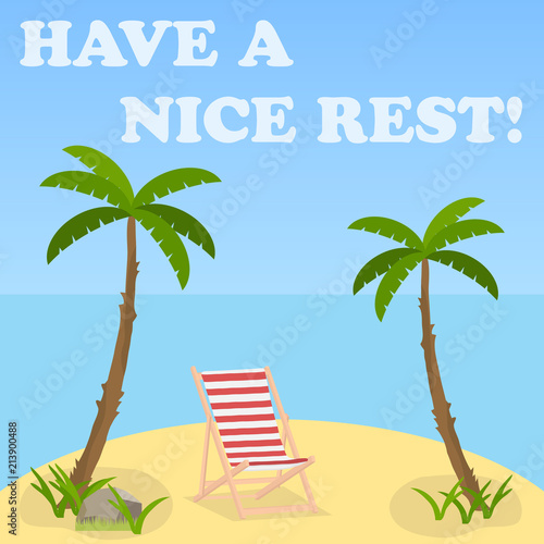 Chaise lounge on the beach under the palm trees. Banner summer vacation overlooking the sea and sky.