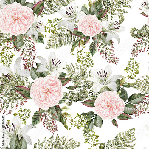 Bright watercolor pattern with flowers of a rose and  lily.
