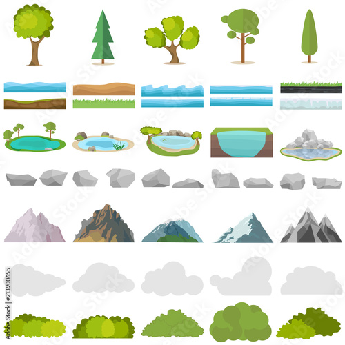 Trees, stones, lakes, mountains, shrubs. A set of realistic elements of nature.
