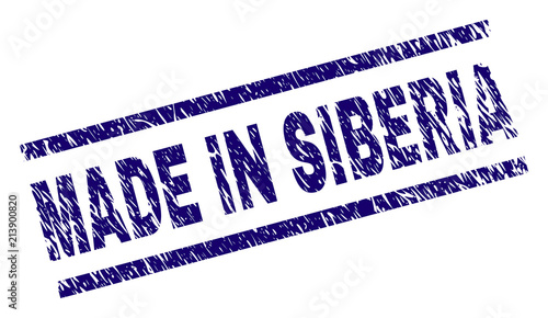 MADE IN SIBERIA stamp seal watermark with scratced style. Blue vector rubber print of MADE IN SIBERIA label with unclean texture. Text label is placed between parallel lines.