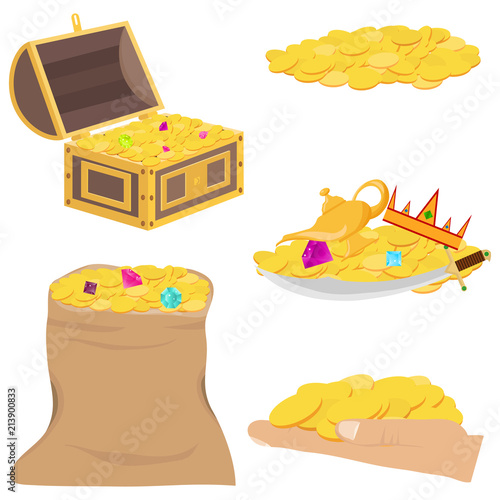 Gold coins, treasure, precious stones. Chest with gold coins and precious stones.