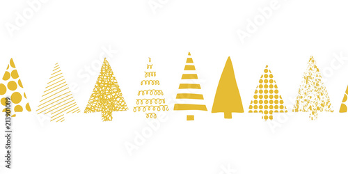 Christmas trees border. Christmas trees in a row vector seamless pattern. Geometric tree silhouettes gold on a white background. Perfect for Christmas cards, gift wrap, fabric, packaging.